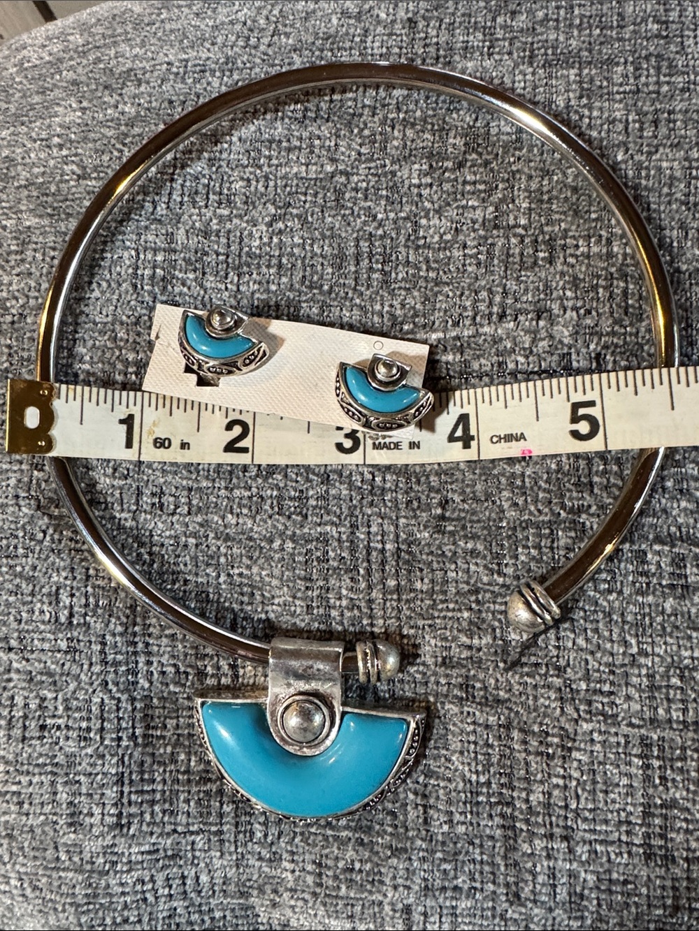 Silver-Tone Necklace & Clip On Earrings with Turquoise Crescent Accents - Picture 6 of 6